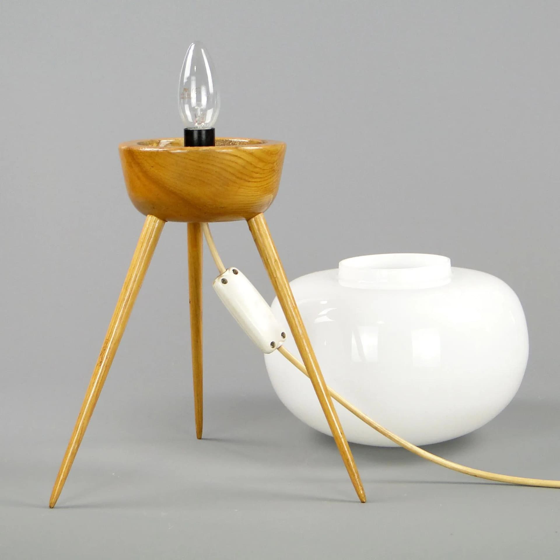 Floor Lamp ULUV, Space Age, white glass, light brown wood, Krasna Jizba, Czechoslovakia, 1960s - 45345