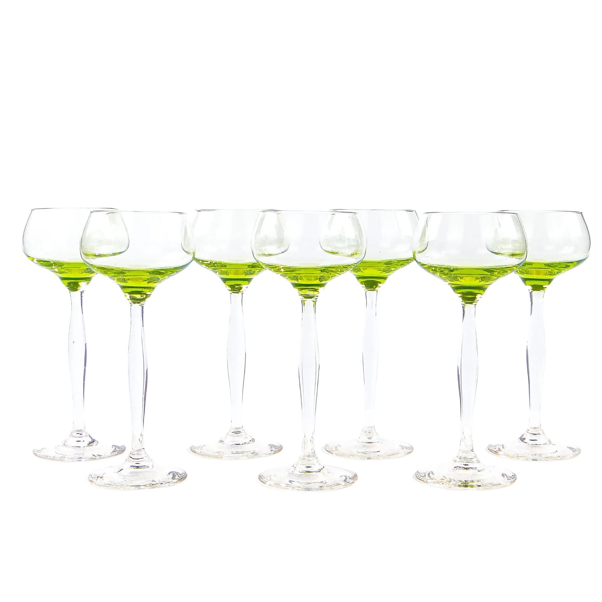 Zestaw kielichów do wina Art déco, szkło uranowe żółty, szkło kryształowe bezbarwny, Polska, lata 30.