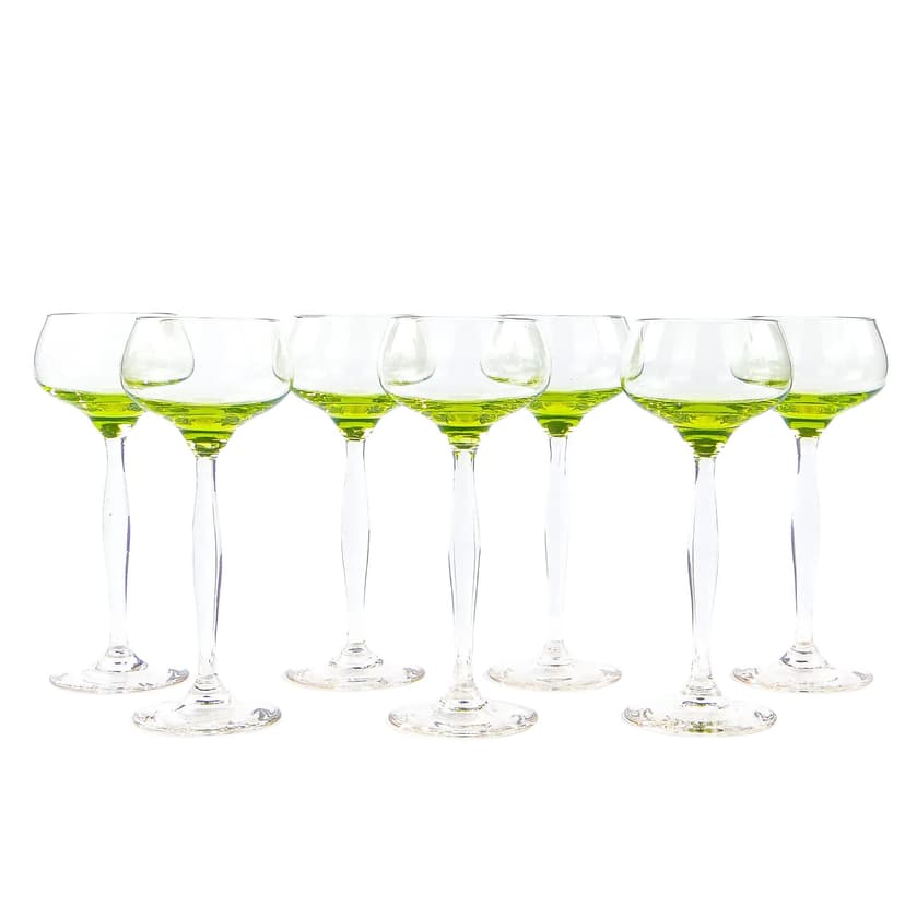 Set of wine glasses Art Deco, yellow uranium glass, clear crystal glass, Poland, 1930s.