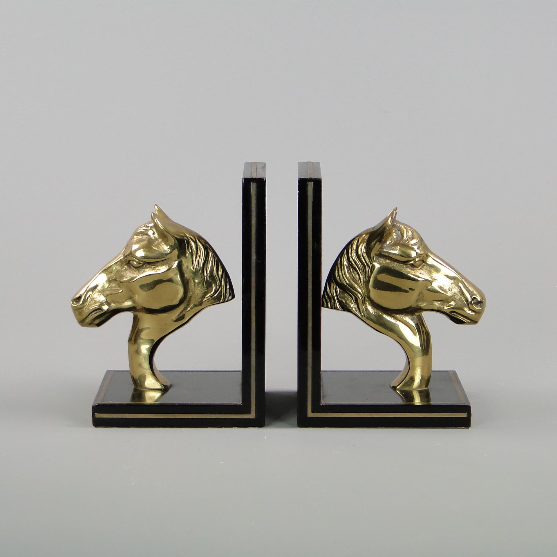 Para podpórek do książek, czarny, drewno, mosiądz, Maison Jansen, Francja, lata 60. - 45281