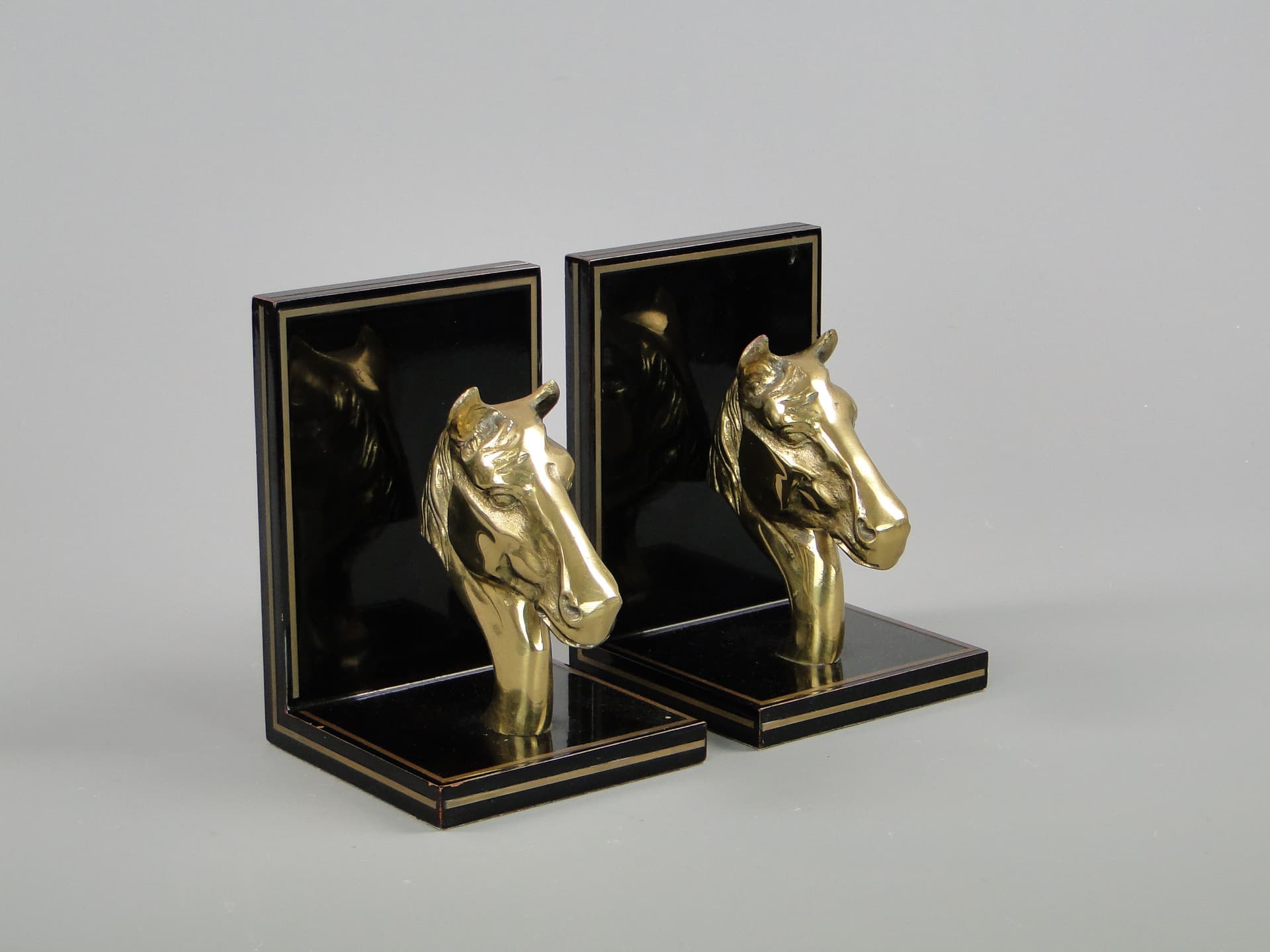 Para podpórek do książek, czarny, drewno, mosiądz, Maison Jansen, Francja, lata 60. - 45286