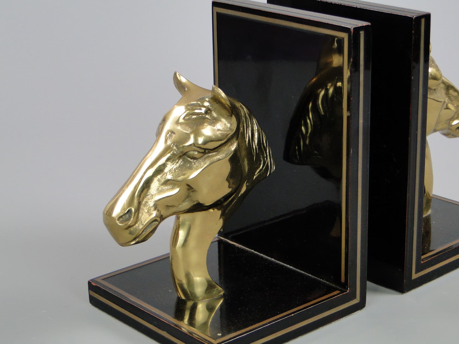 Para podpórek do książek, czarny, drewno, mosiądz, Maison Jansen, Francja, lata 60. - 45284