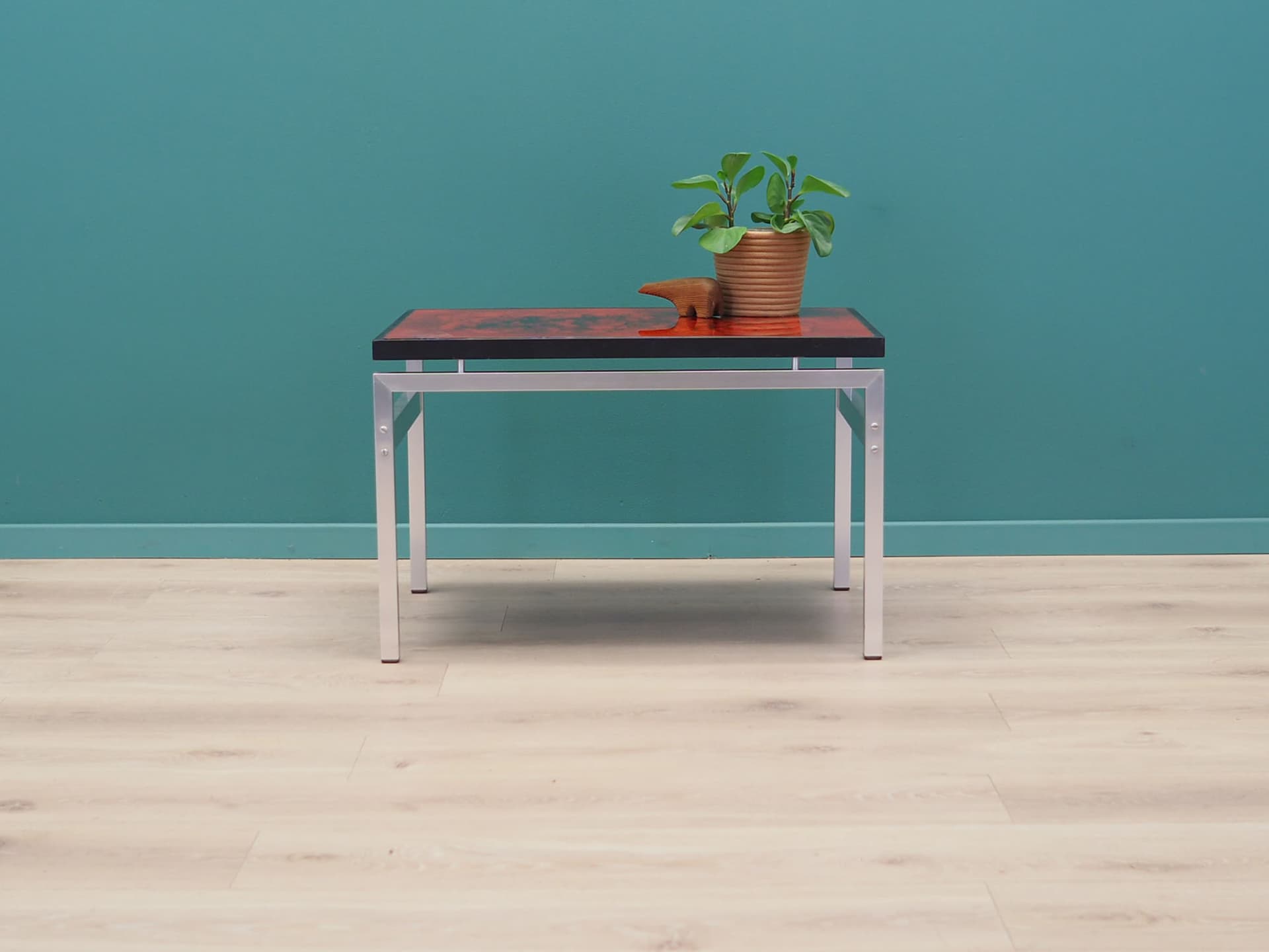 Coffee table, maroon glass, black wood, aluminium, by J. Rene, Denmark, 1970s. - 49637