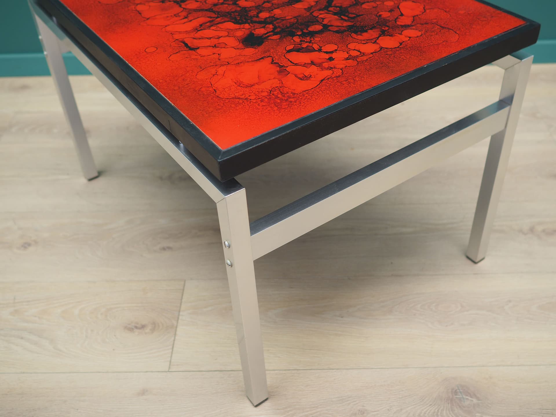 Coffee table, maroon glass, black wood, aluminium, by J. Rene, Denmark, 1970s. - 49636