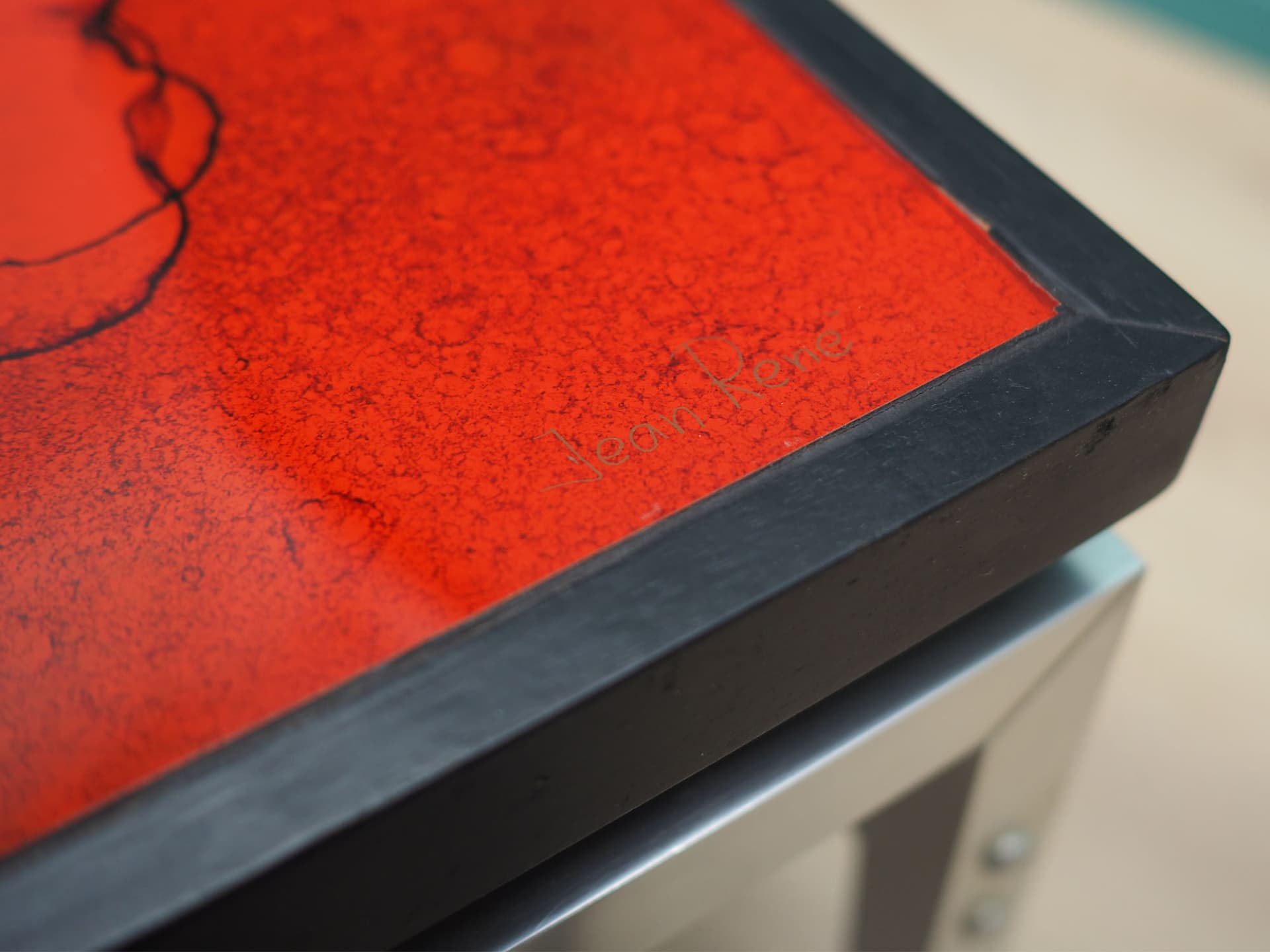 Coffee table, maroon glass, black wood, aluminium, by J. Rene, Denmark, 1970s. - 49638