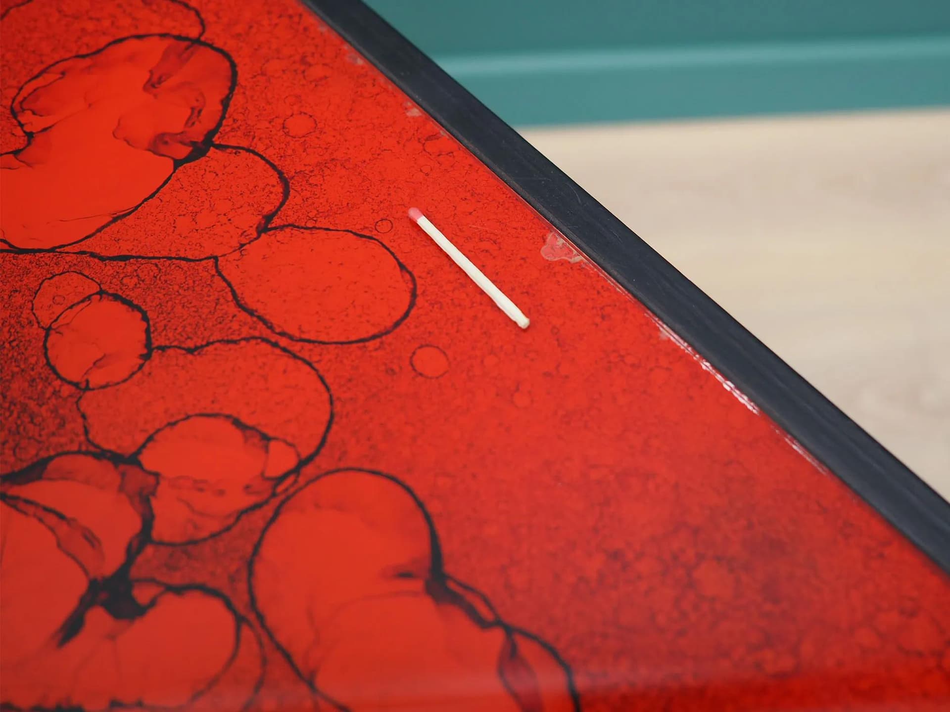 Coffee table, maroon glass, black wood, aluminium, by J. Rene, Denmark, 1970s. - 45431