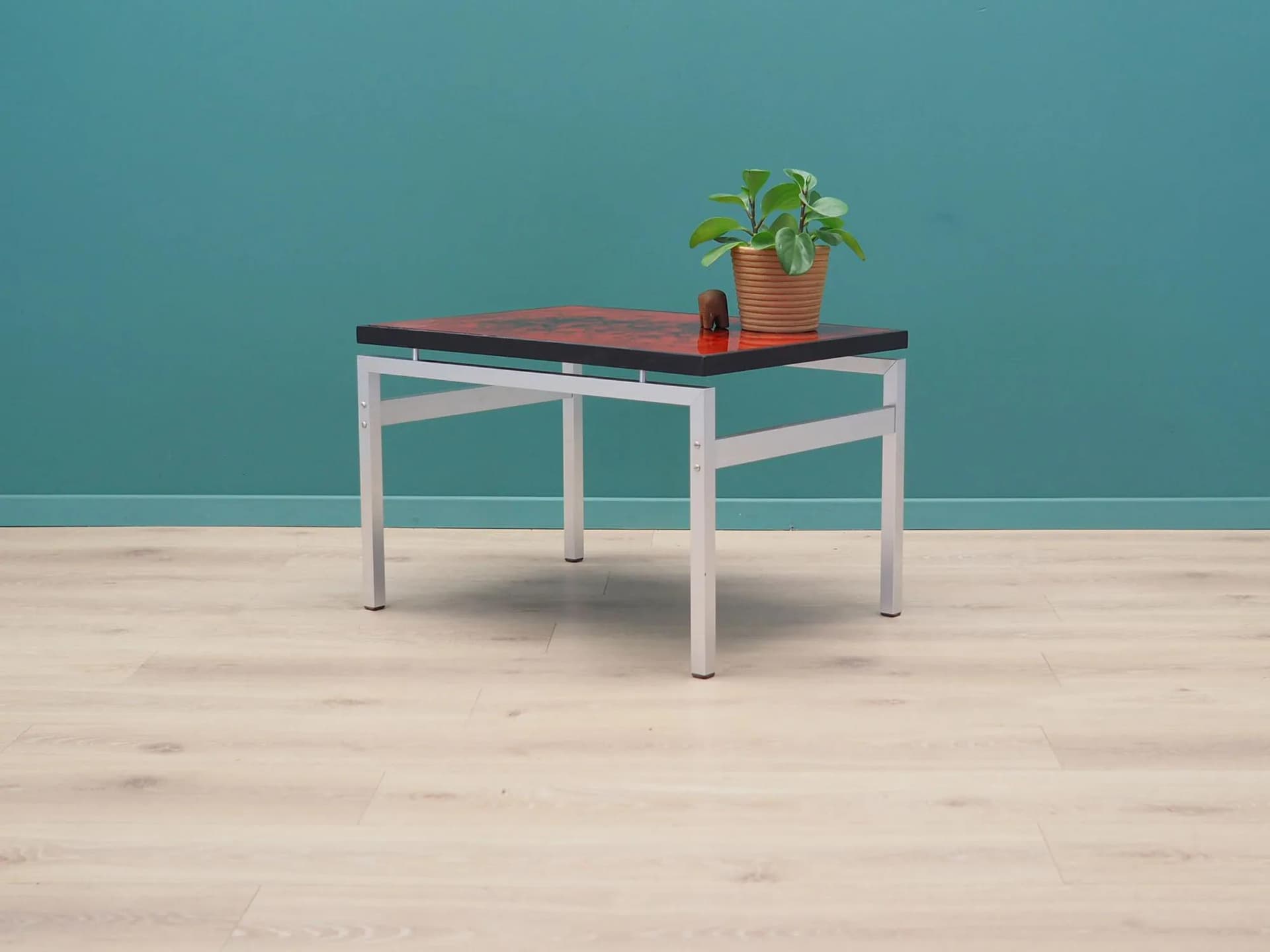 Coffee table, maroon glass, black wood, aluminium, by J. Rene, Denmark, 1970s. - 45428