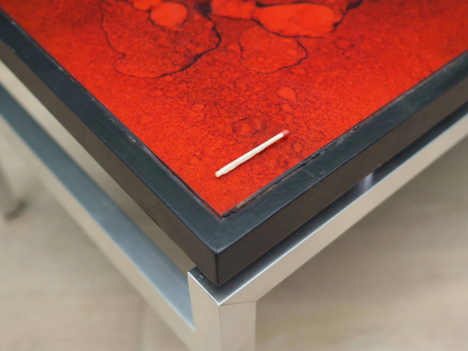 Coffee table, maroon glass, black wood, aluminium, by J. Rene, Denmark, 1970s. - 45427