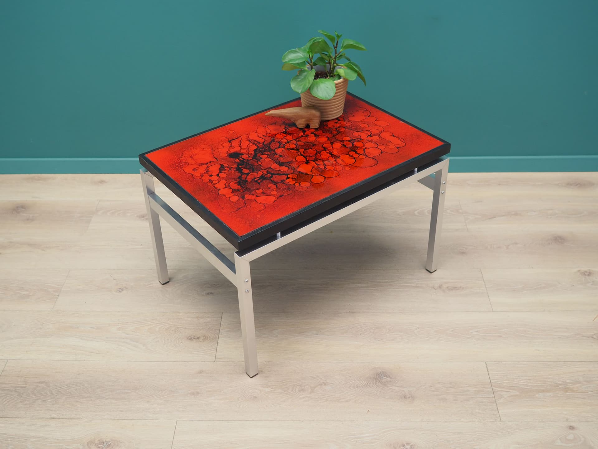 Coffee table, maroon glass, black wood, aluminium, by J. Rene, Denmark, 1970s. - 49634
