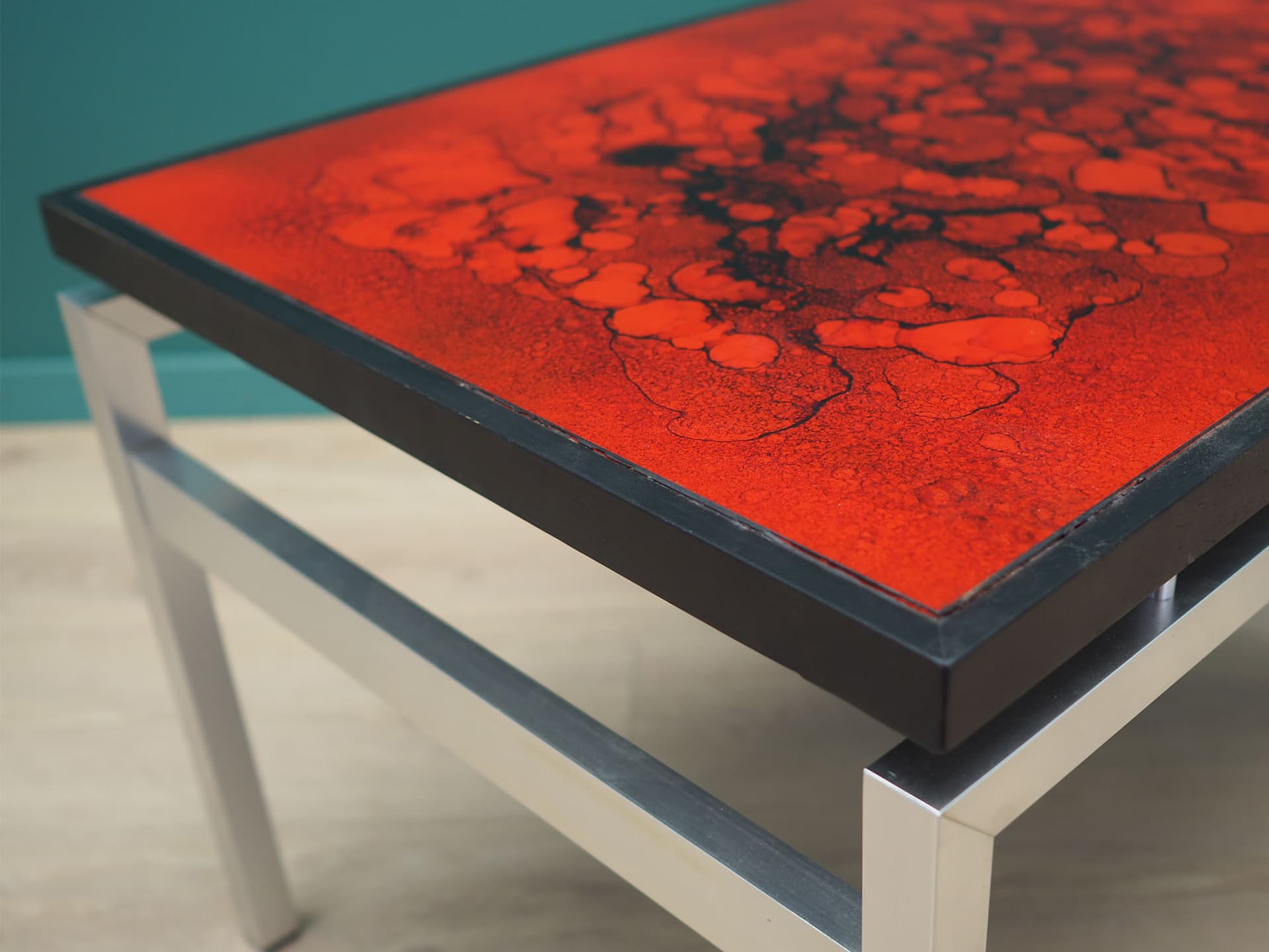 Coffee table, maroon glass, black wood, aluminium, by J. Rene, Denmark, 1970s. - 49635