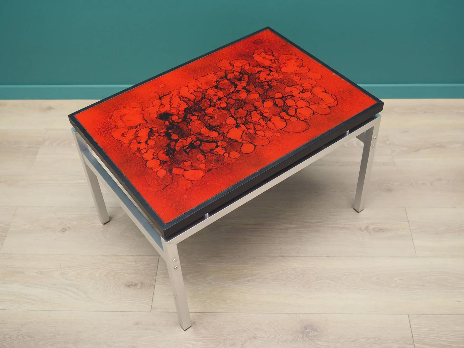 Coffee table, maroon glass, black wood, aluminium, by J. Rene, Denmark, 1970s. - 45430