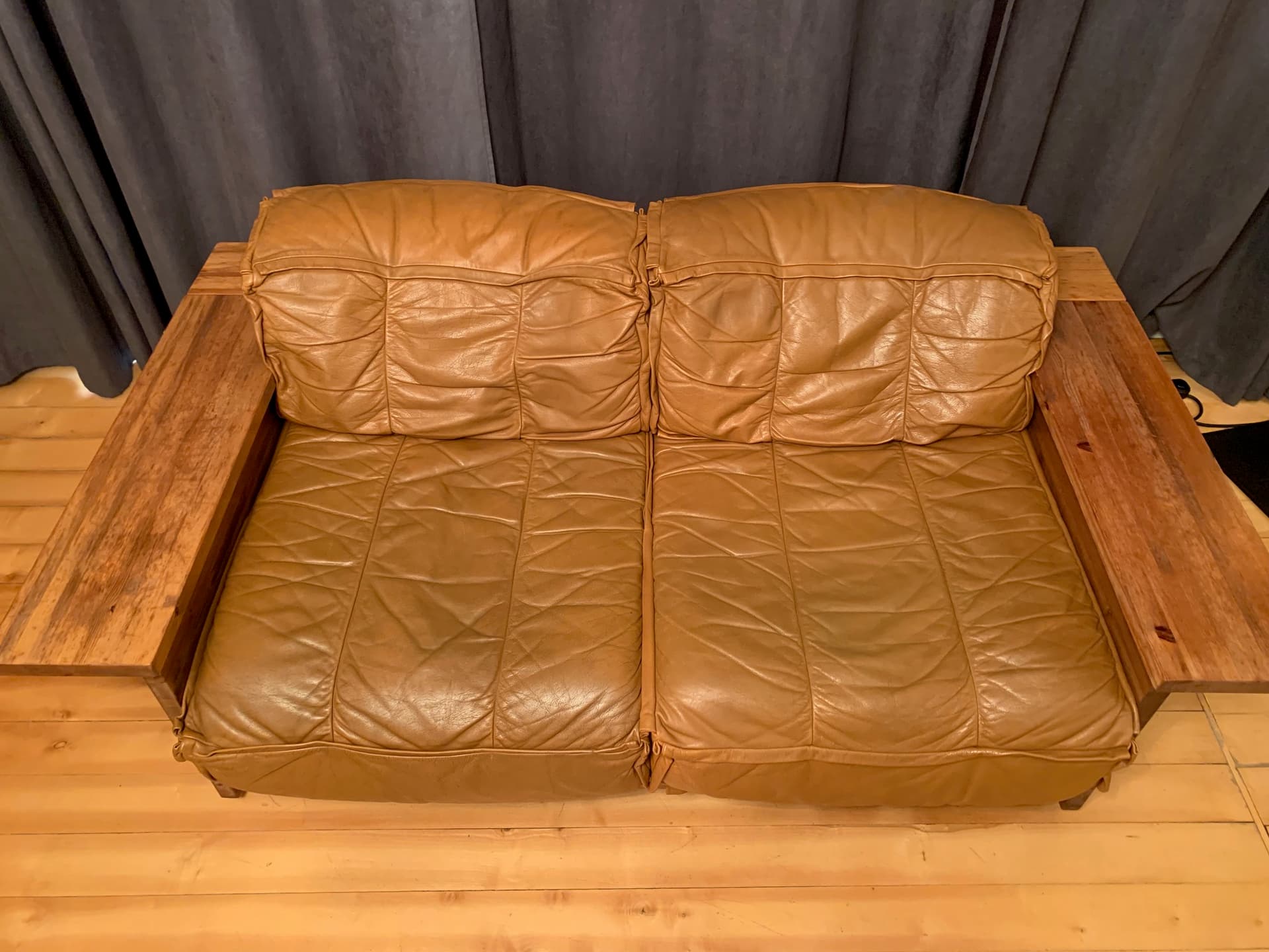 Sofa, skóra brązowa, sosna, Hämeen Kalustaja, Finlandia, lata 70. - 45647