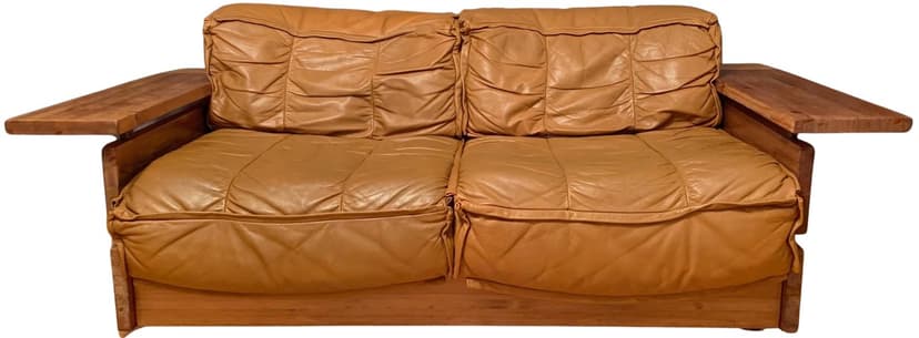 Sofa, skóra brązowa, sosna, Hämeen Kalustaja, Finlandia, lata 70.