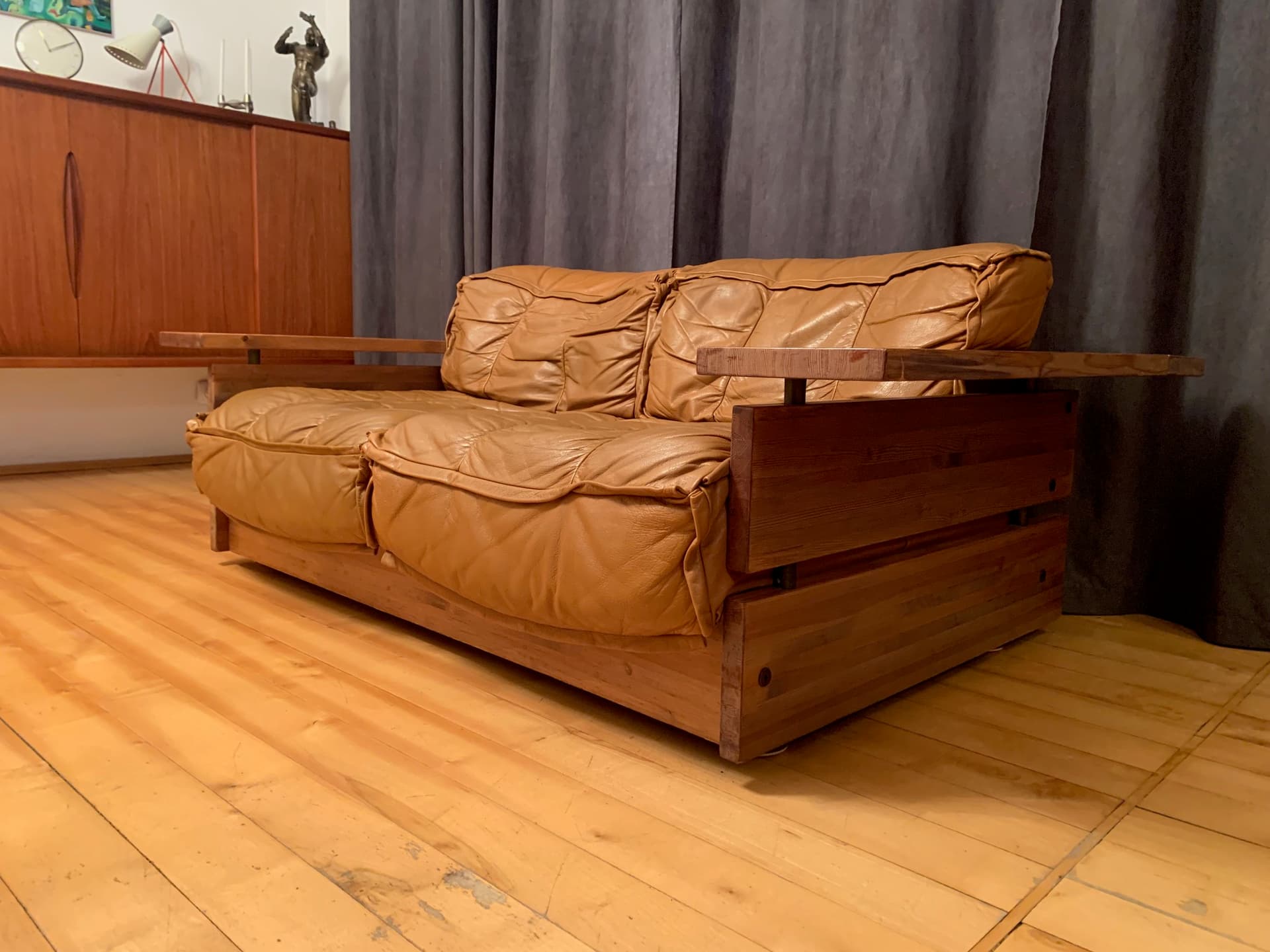 Sofa, skóra brązowa, sosna, Hämeen Kalustaja, Finlandia, lata 70. - 45655