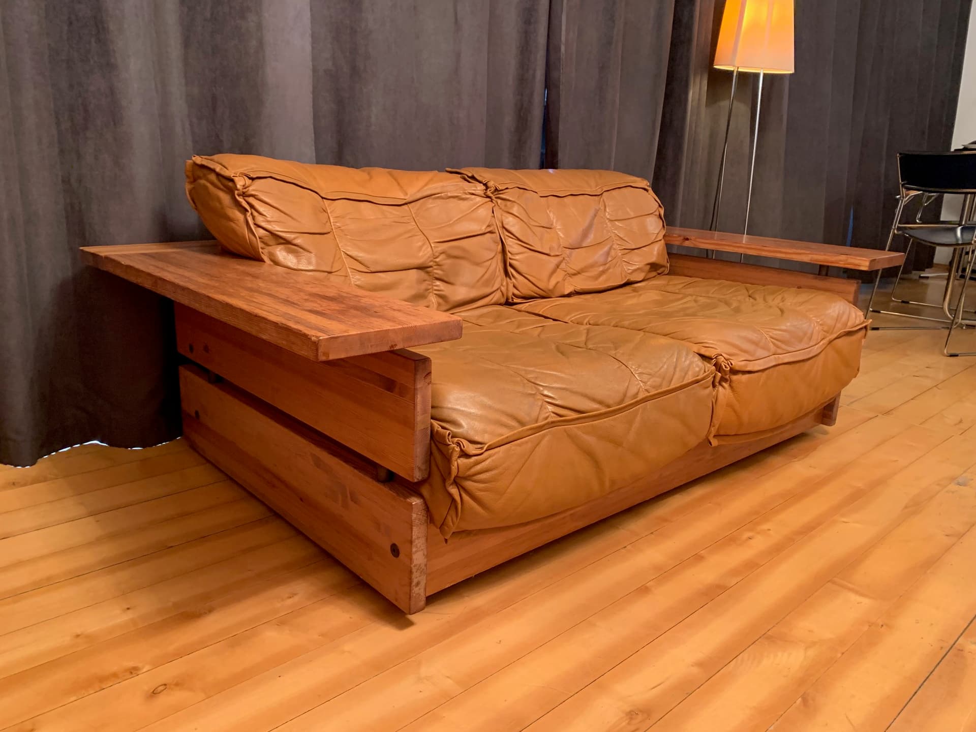 Sofa, skóra brązowa, sosna, Hämeen Kalustaja, Finlandia, lata 70. - 45644