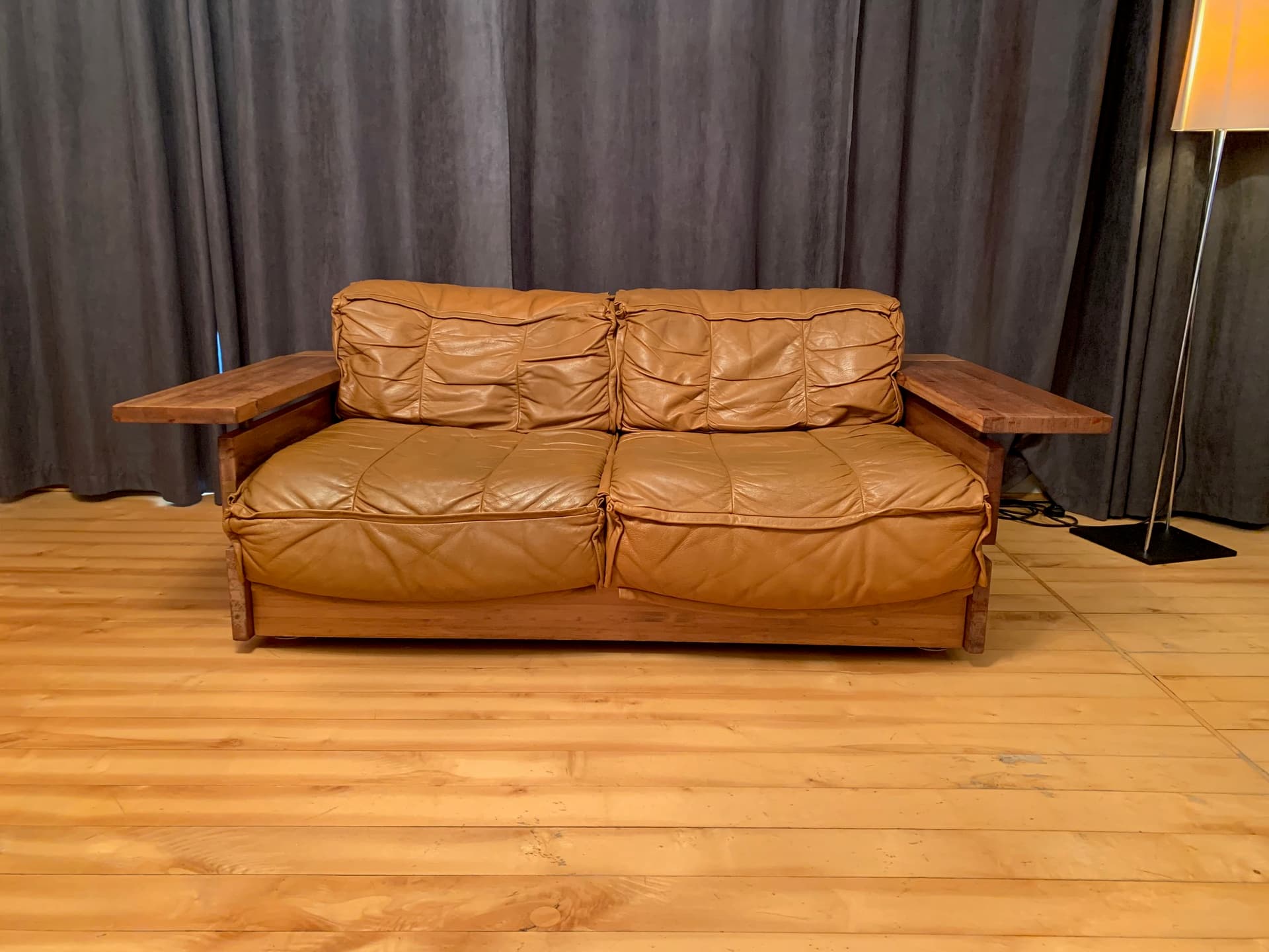 Sofa, skóra brązowa, sosna, Hämeen Kalustaja, Finlandia, lata 70. - 45643