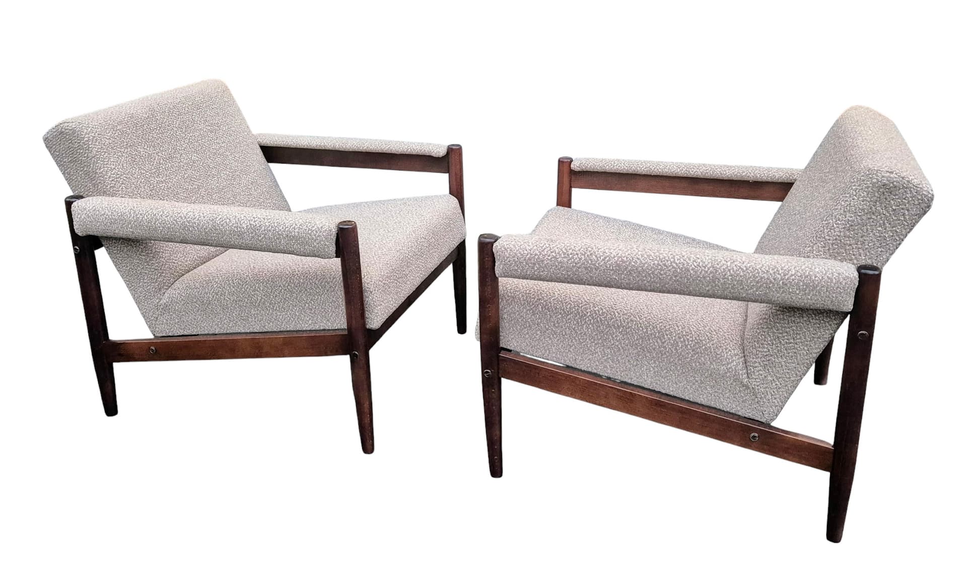 Armchair mid-century modern, grey, brown wood, Poland, 1960s. - 45673