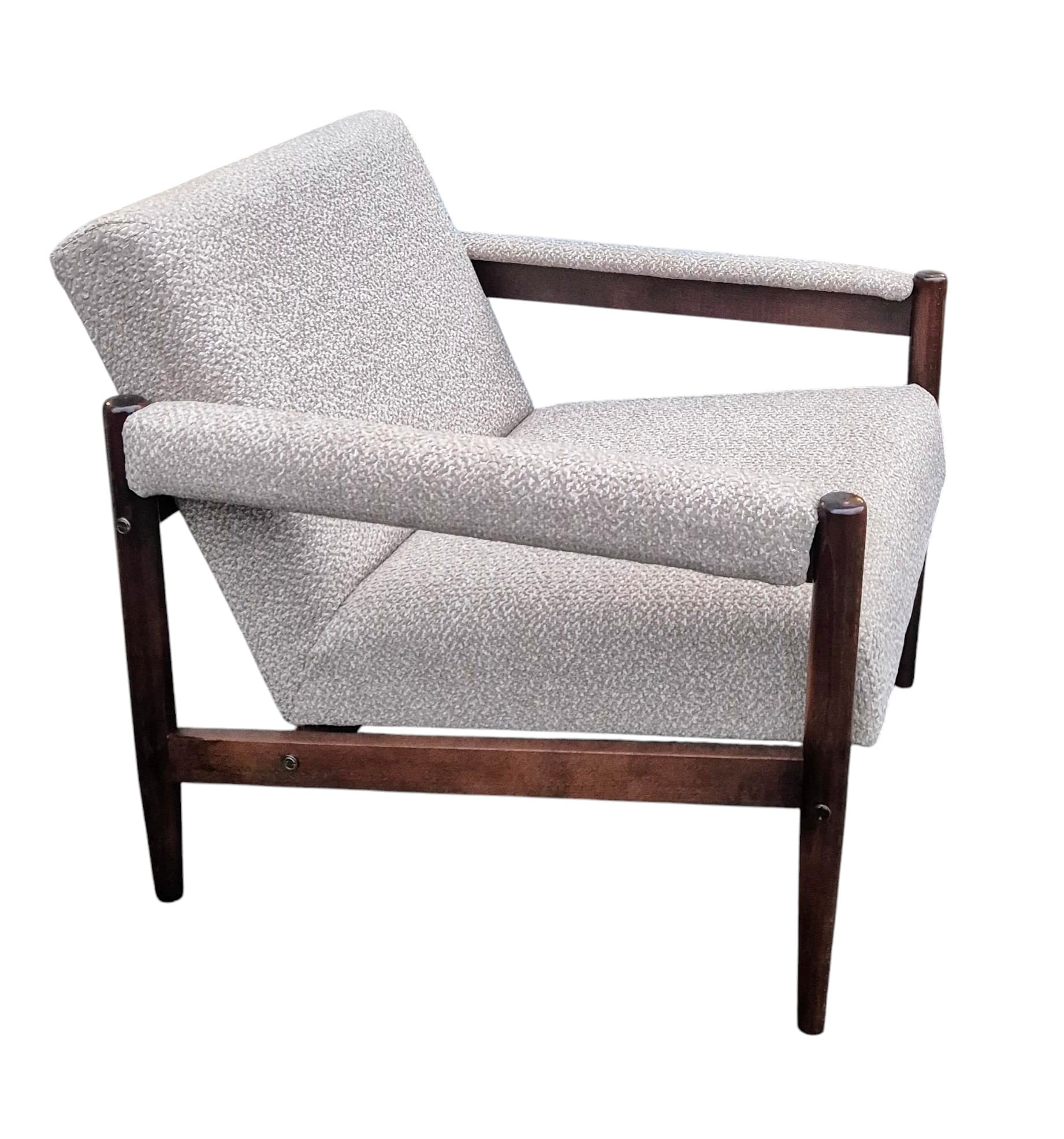 Armchair mid-century modern, grey, brown wood, Poland, 1960s.