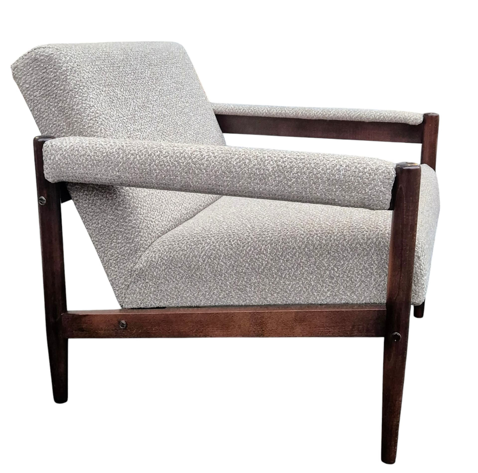 Armchair mid-century modern, grey, brown wood, Poland, 1960s. - 45674