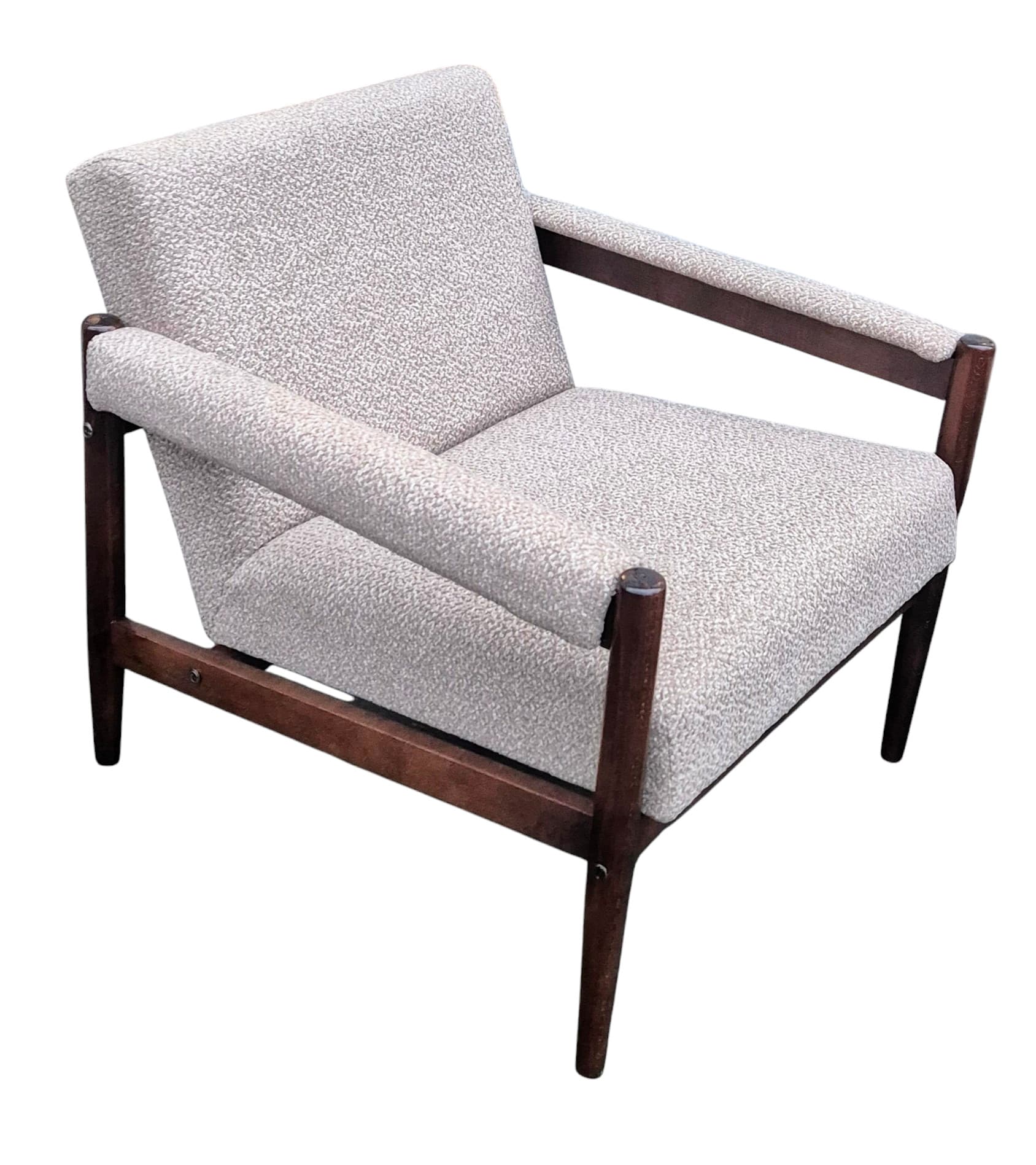 Armchair mid-century modern, grey, brown wood, Poland, 1960s. - 45675