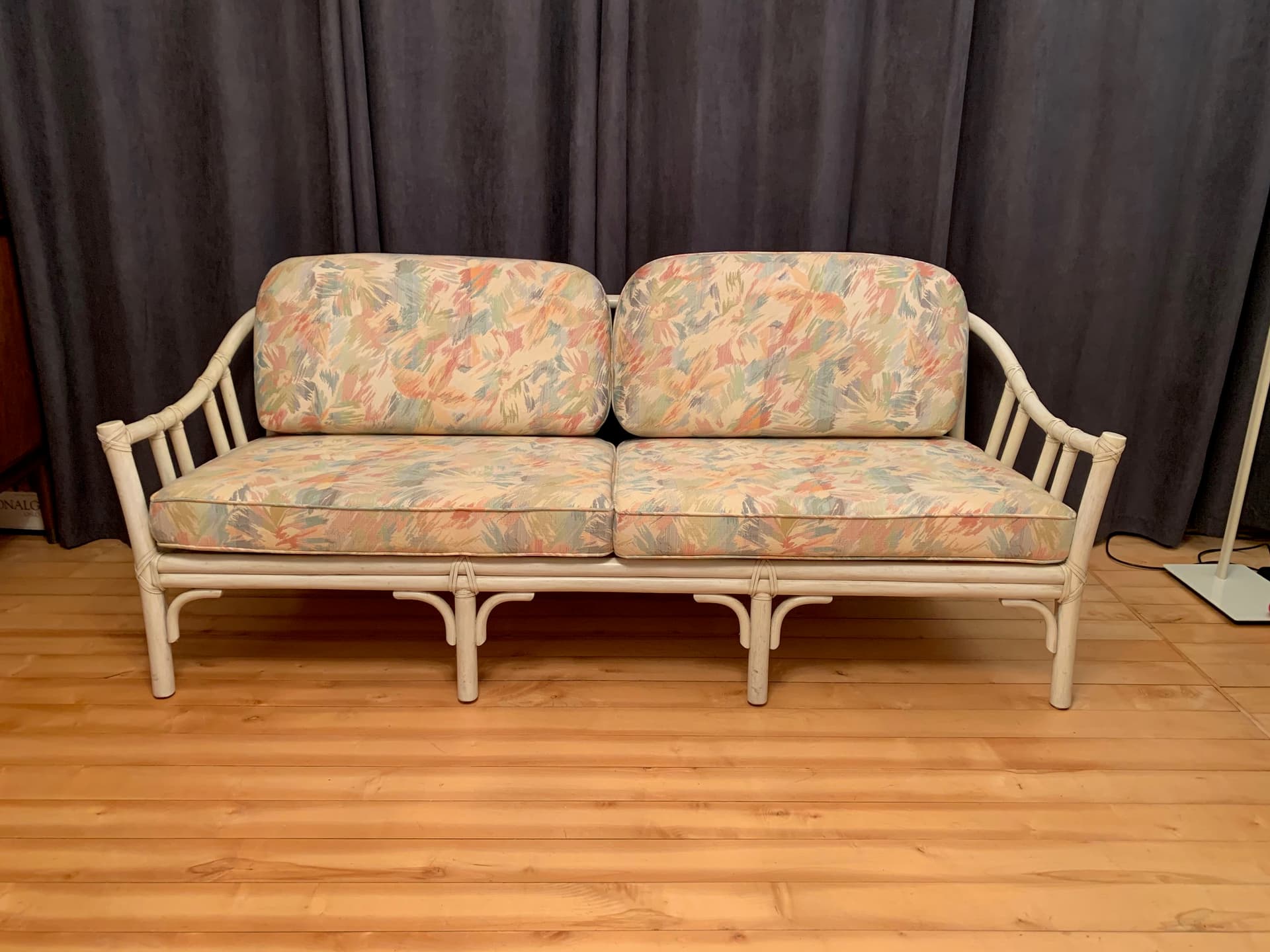 Sofa McGuire, beżowy rattan, skóra naturalna, tkanina, McGuire, USA, lata 70. - 45742