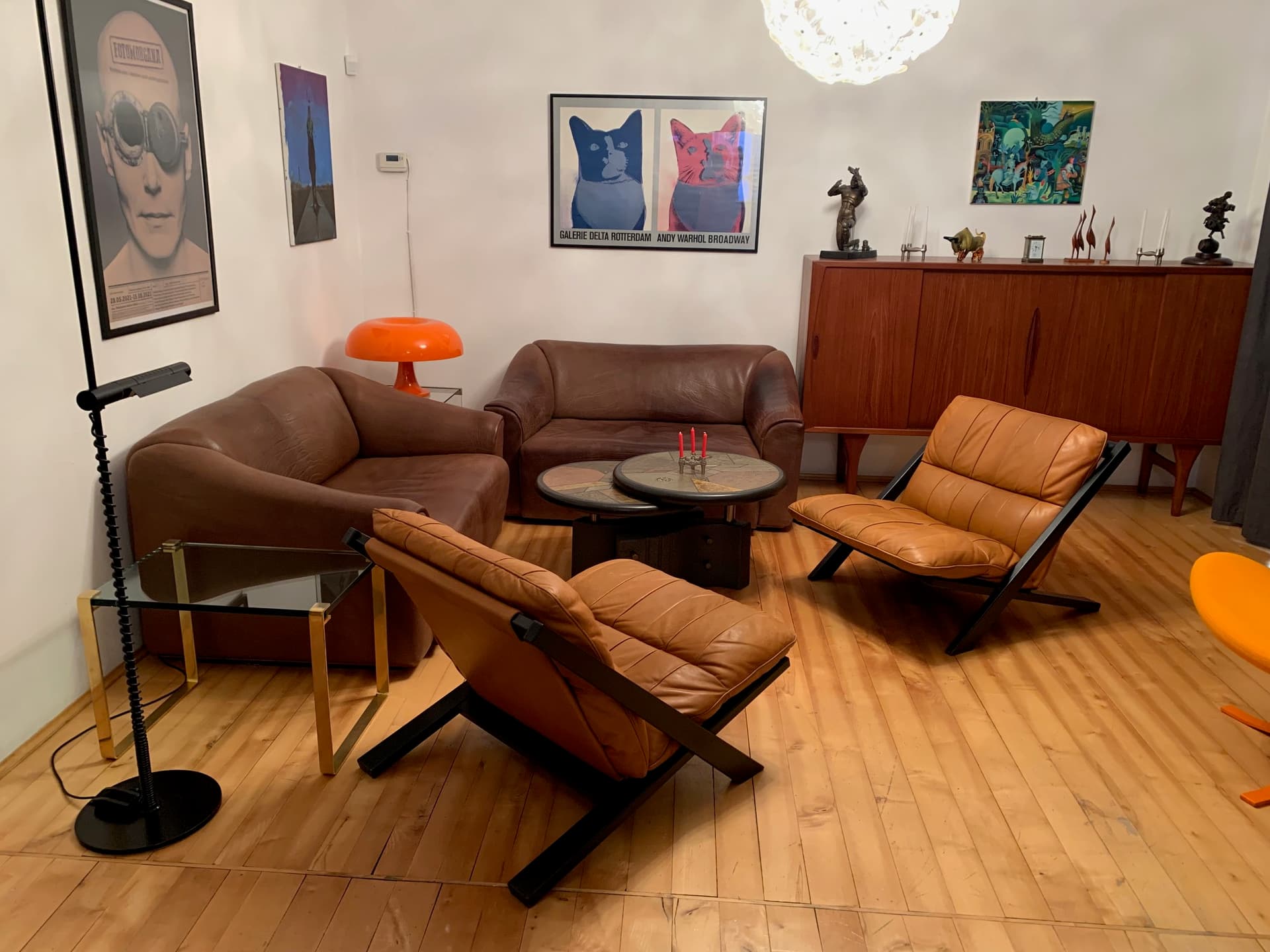 Pair of armchairs, cognac leather, dark brown wood, by U. Berger, de Sede, Switzerland, 1970s. - 45778