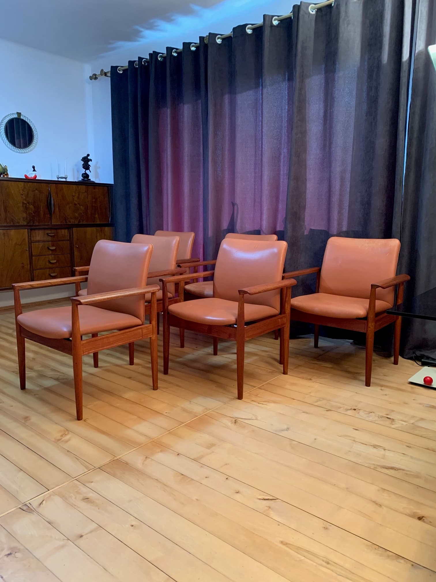 Zestaw sześciu krzeseł Diplomat 209, skóra koniakowa, teak, proj. F. Juhl, Dania, lata 60. - 45828