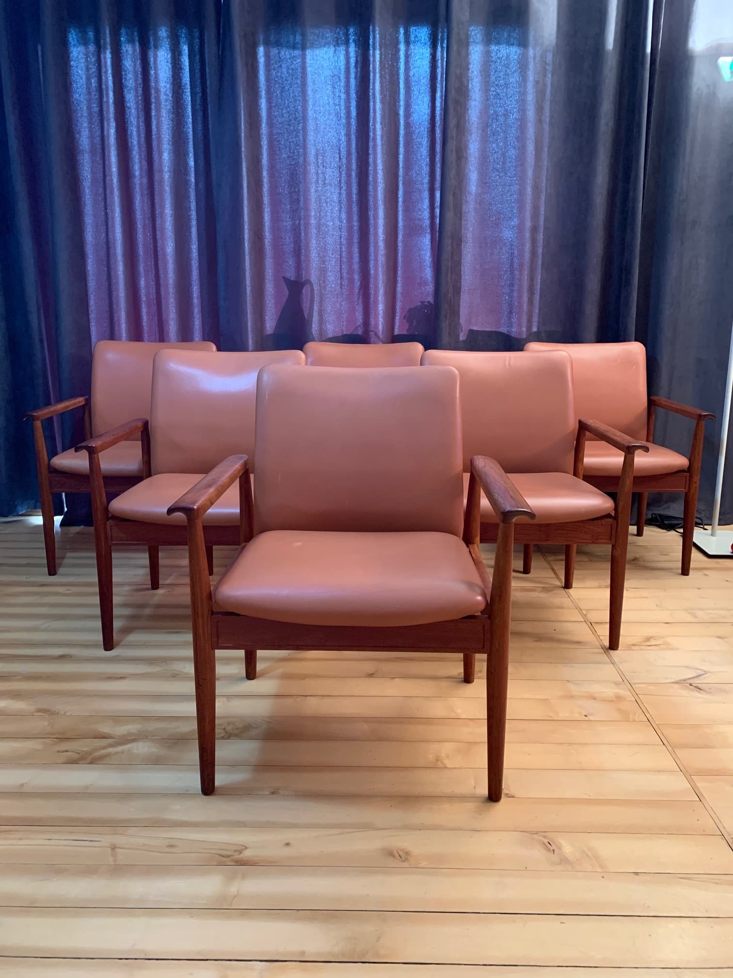 Zestaw sześciu krzeseł Diplomat 209, skóra koniakowa, teak, proj. F. Juhl, Dania, lata 60. - 45832