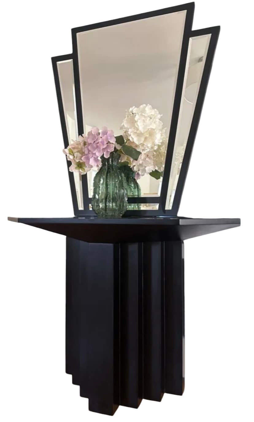 Konsola z lustrem, postmodernizm, drewno czarne, lata 90.