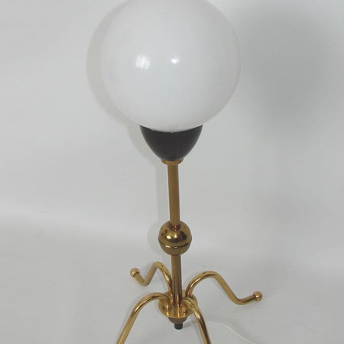Table Lamp Mid-Century, golden brass, white glass, black detail, 1960s - 46654