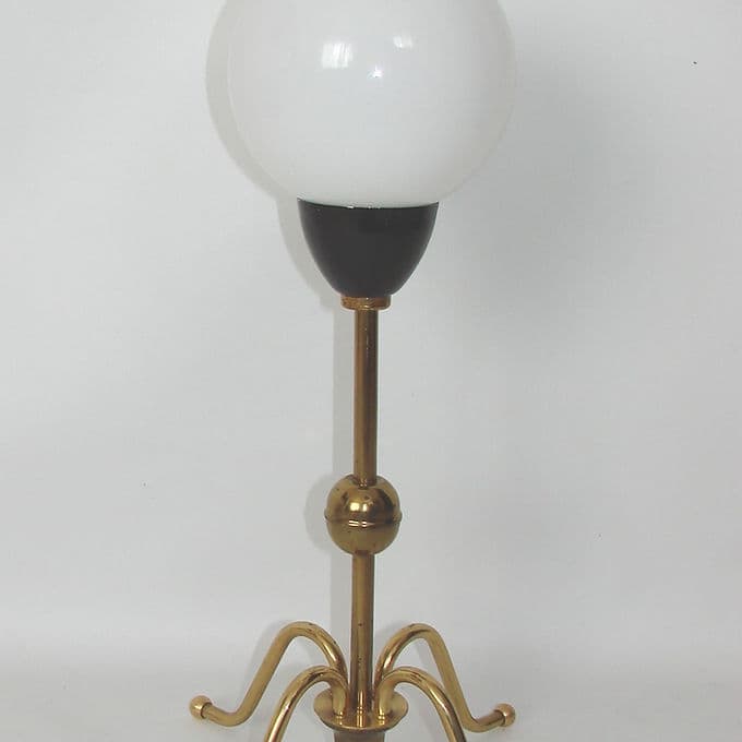 Table Lamp Mid-Century, golden brass, white glass, black detail, 1960s - 46656