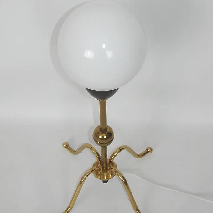 Table Lamp Mid-Century, golden brass, white glass, black detail, 1960s - 46658