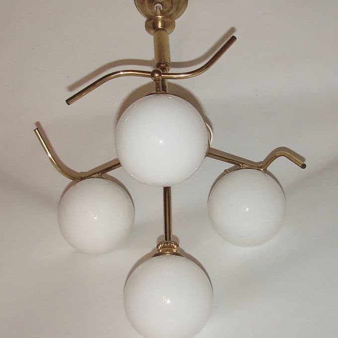Chandelier Mid Century, brass, white glass, 1960s. - 46640