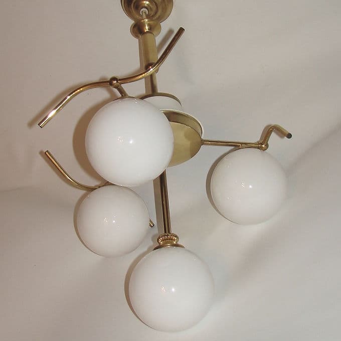 Chandelier Mid Century, brass, white glass, 1960s. - 46639