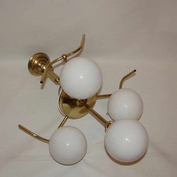 Chandelier Mid Century, brass, white glass, 1960s. - 46637