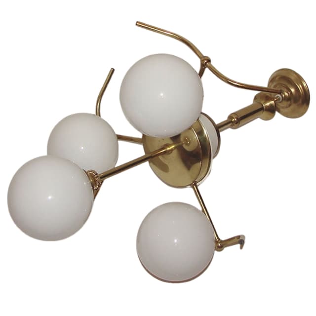 Chandelier Mid Century, brass, white glass, 1960s. - DIMENSION