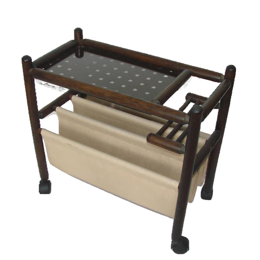 Stolik boczny z funkcją gazetnika, drewno brązowy ciemny, szkło, tkanina, Polska, lata 70.