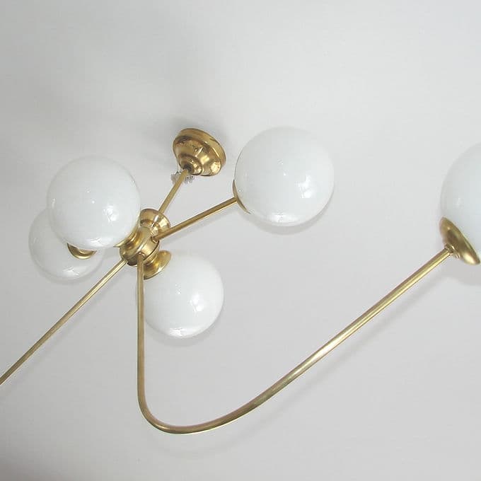 Żyrandol Stilnovo, mosiądz złoty, szkło białe, Włochy, lata 60. - 46520
