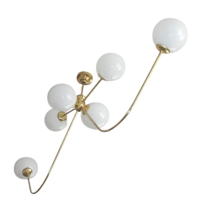 Żyrandol Stilnovo, mosiądz złoty, szkło białe, Włochy, lata 60. - WYMIARY