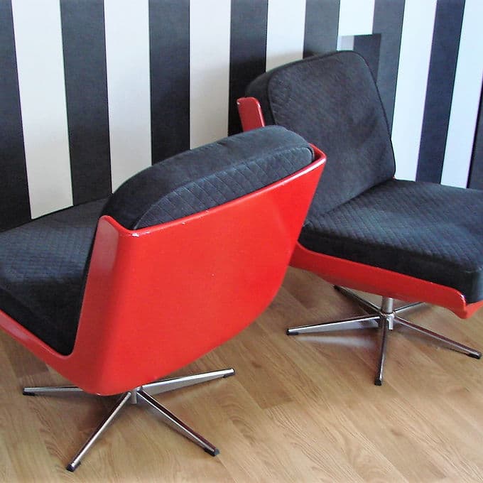 Para foteli Dinna, czerwona, włókno szklane czarne, stal chromowana, Niemcy, lata 60. - 46515