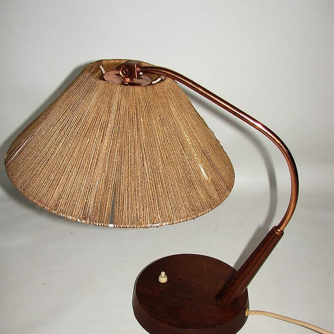 Table lamp, beige cord, teak, copper-plated brass, Switzerland, 1960s. - 46445