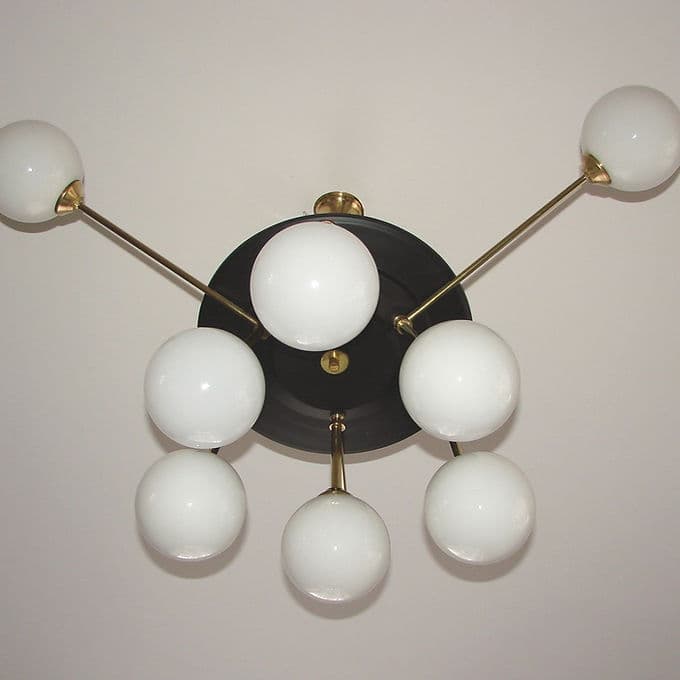 Chandelier Space Age, golden brass, black metal, white glass, 1960s. - 46699