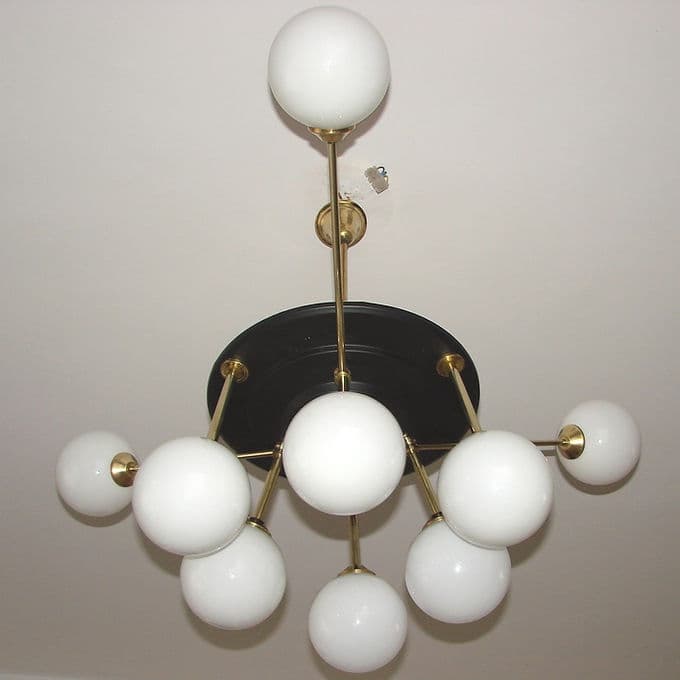 Chandelier Space Age, golden brass, black metal, white glass, 1960s. - 46698