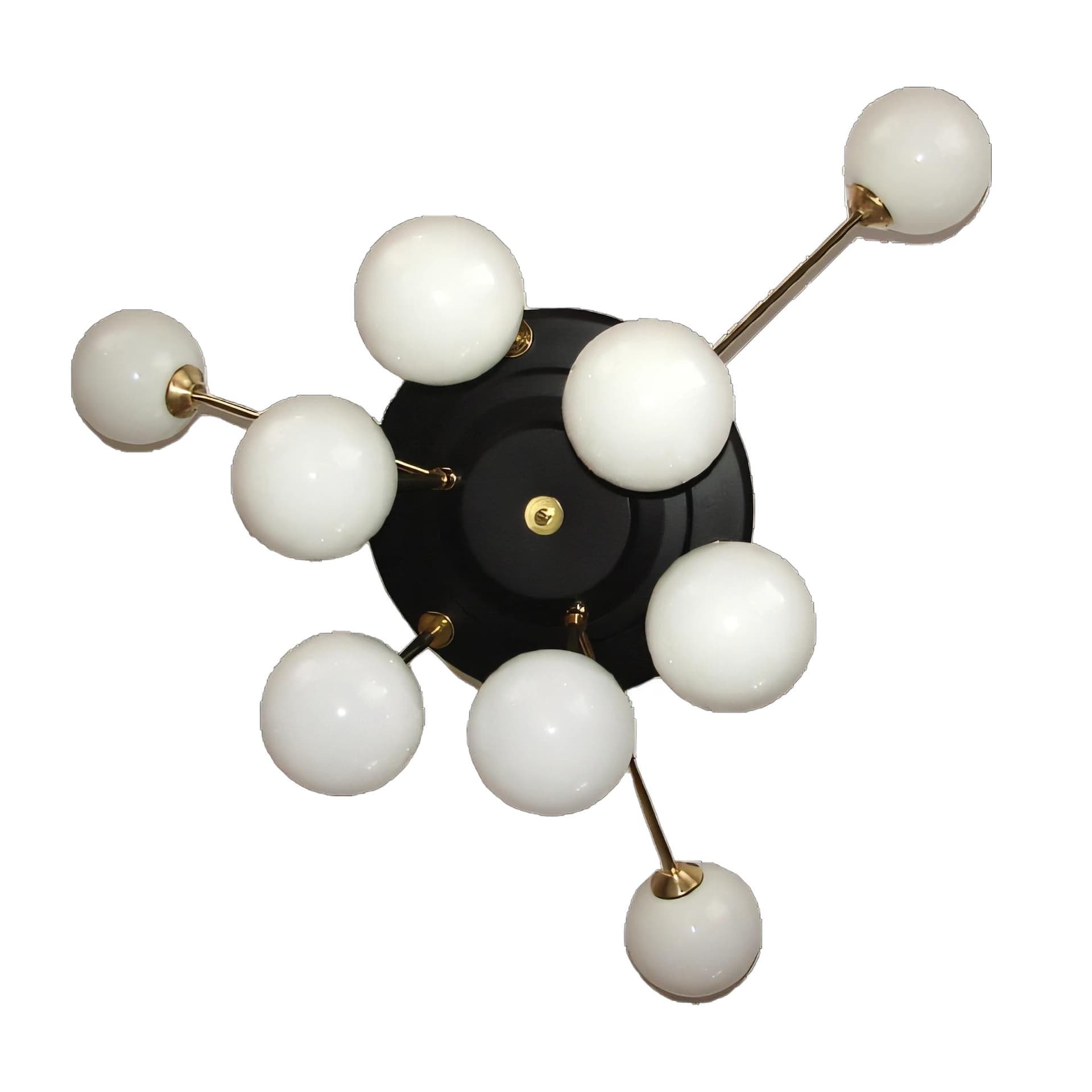 Chandelier Space Age, golden brass, black metal, white glass, 1960s.