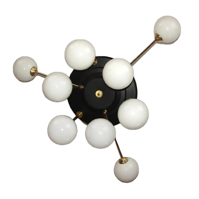 Chandelier Space Age, golden brass, black metal, white glass, 1960s. - DIMENSION