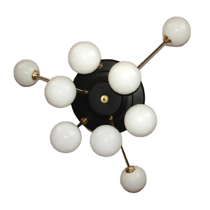 Żyrandol Space Age, mosiądz złoty, metal czarny, szkło białe, lata 60.