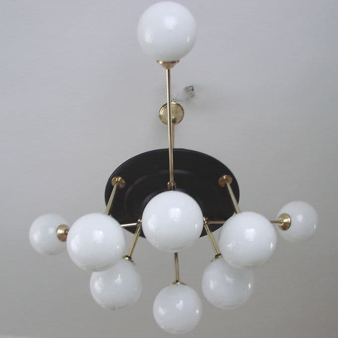 Chandelier Space Age, golden brass, black metal, white glass, 1960s. - 46697