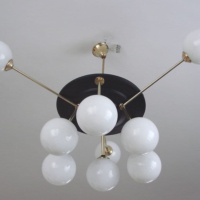 Chandelier Space Age, golden brass, black metal, white glass, 1960s. - 46696