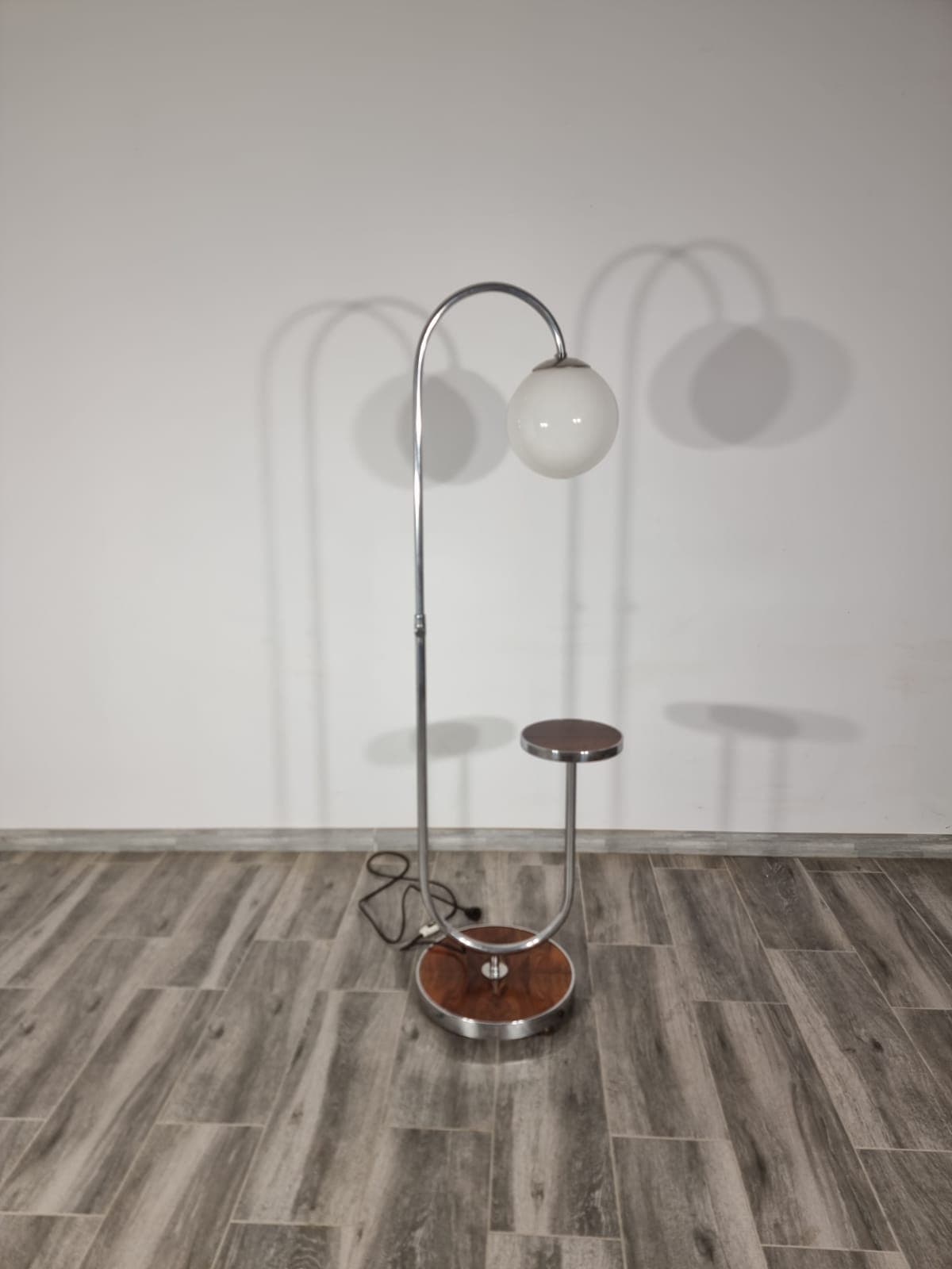 Lamp with side table, brown chrome steel, by R. Slezak, Thonet, Czechoslovakia, 1930s. - 47972