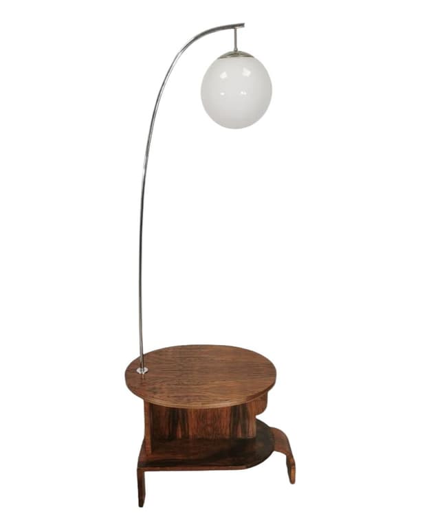 Table lamp, white glass, chrome metal, wood, Czechoslovakia, 1960s. - DIMENSION